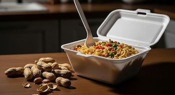 Fideos instantáneos en un envase de poliestireno blanco con un tenedor, junto a cacahuates en cáscara sobre una mesa de madera oscura.