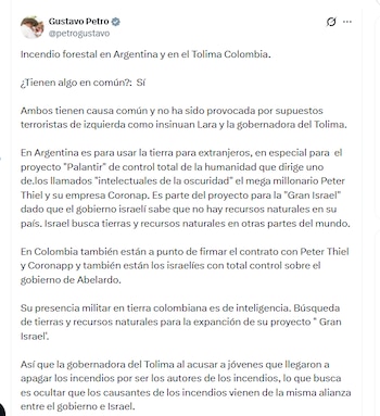 El presidente Gustavo Petro negó que los incendios en Tolima hayan sido provocados por terroristas de izquierda - crédito @petrogustavo/X
