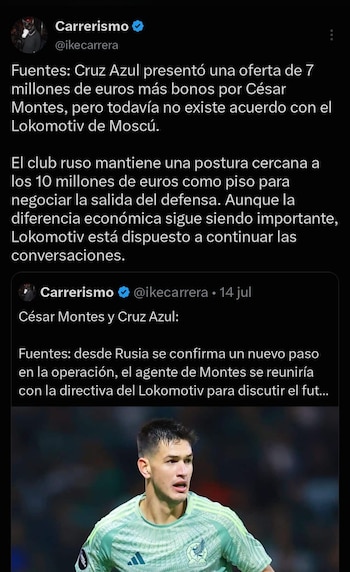 Cruz Azul presentó una oferta formal de 7 millones de euros más bonos al Lokomotiv de Moscú por el defensa mexicano César Montes, según informó Ike Carrera (captura de pantalla)