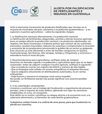 Documento digital con los logos CIG y GREMIAGRO. Muestra el título "Alerta por falsificación de fertilizantes e insumos en Guatemala" y texto informativo
