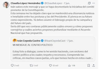 Claudia López pidió a Iván Cepeda que asuma el liderazgo de su campaña y explique qué errores propone corregir y qué aciertos busca profundizar mediante un Acuerdo Nacional - crédito Claudia López/X