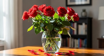 Ramo de rosas rojas frescas y hojas verdes en un florero de cristal sobre una mesa de madera con pétalos dispersos. Fondo interior borroso con ventana y estantería.