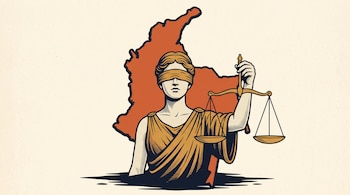 Busto de la Dama de la Justicia con ojos vendados y balanza frente a la silueta naranja del mapa de Colombia.