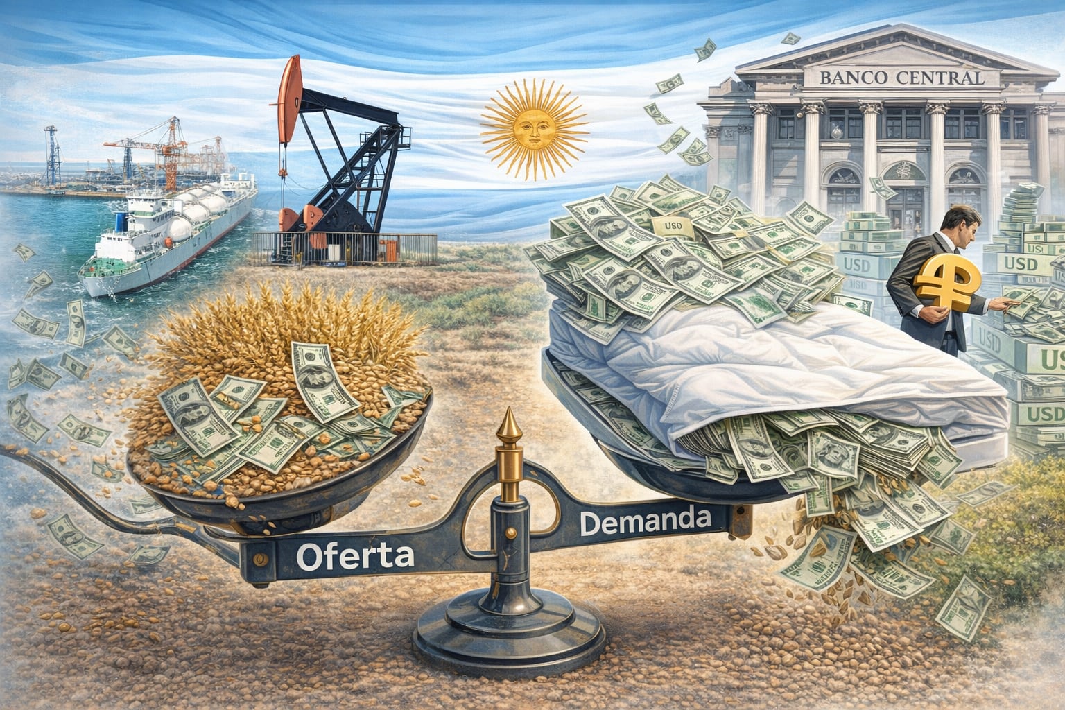 Una ilustración que muestra el desequilibrio entre la oferta de dólares proveniente de exportaciones agrícolas y energéticas y la demanda generada por el Banco Central y los