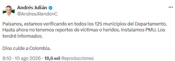 Gobernador de Antioquia activa protocolos y verifica municipios tras el temblor - crédito @AndresJRendonC/X