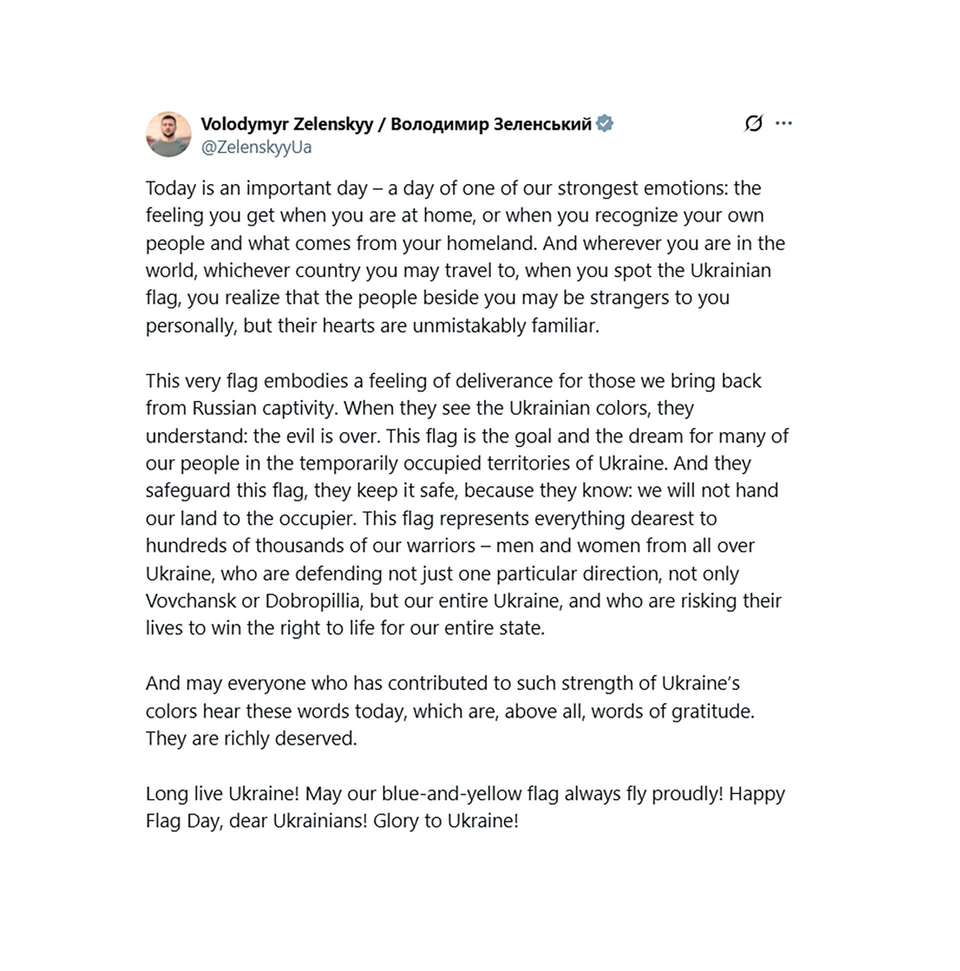 El mensaje de Zelensky en X por el día de la bandera (@ZelenskyyUa)