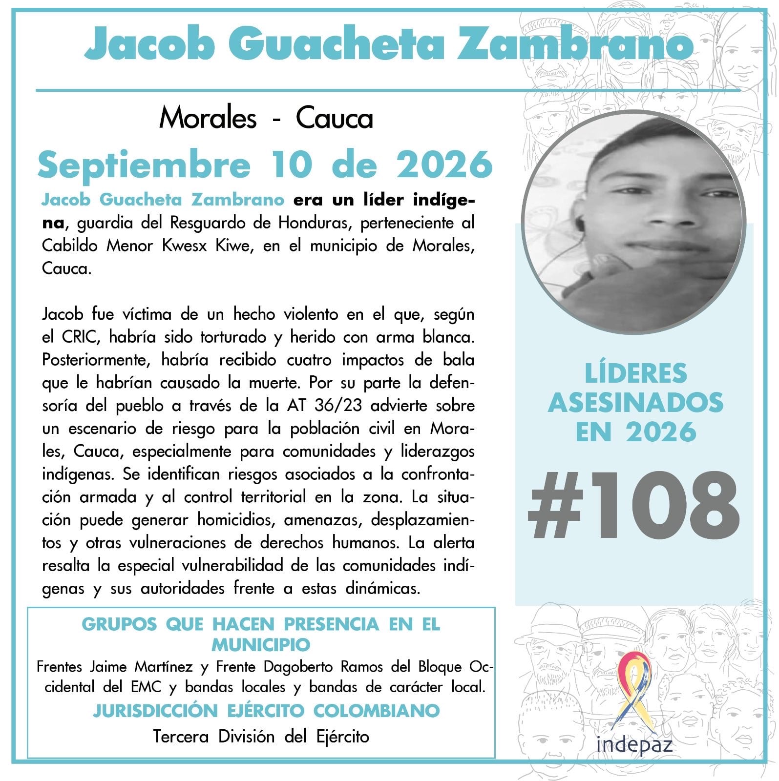 Indepaz registró el asesinato del líder indígena Jacob Guachetá Zambrano en Morales, Cauca. - crédito @Indepaz/X
