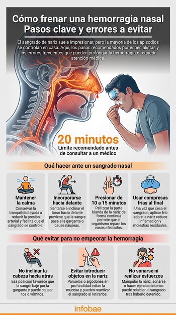 Infografía con pasos y errores para frenar una hemorragia nasal, mostrando una cabeza con vasos sanguíneos y un hombre con sangrado, iconos y texto.