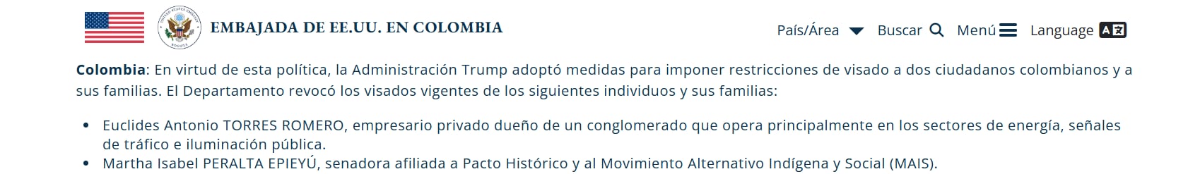 Estados Unidos impuso restricciones de visa al empresario Euclides Antonio Torres Romero y a la senadora Martha Isabel Peralta Epieyu - crédito Embajada de Estados Unidos en Colombia