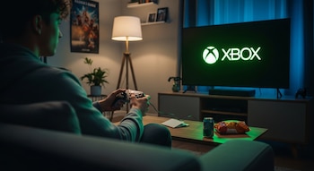 Vista trasera de un joven en un sofá, jugando videojuegos con un mando. El televisor grande muestra el logo verde de Xbox. En la mesa hay una lata y una bolsa de snacks.