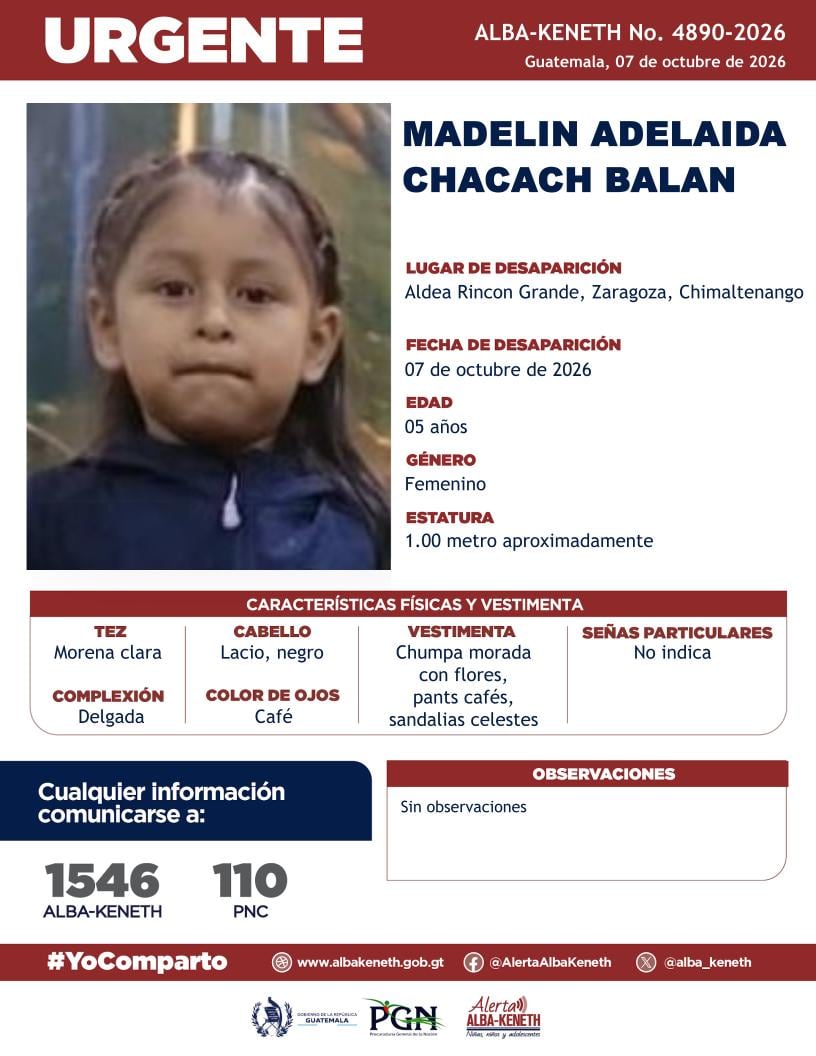 La niña desapareció el 7 de octubre en la aldea Rincón Grande tras salir a visitar a su abuela. (Alerta Alba-Keneth)