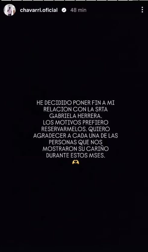 Diego Chávarri anuncia mediante una publicación en redes sociales el término de su relación sentimental con Gabriela Herrera.