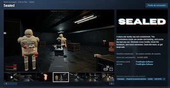 Captura de pantalla de videojuego Sealed con perspectiva en primera persona, arma, dos enemigos humanoides, cajas, interfaz de usuario y logotipo