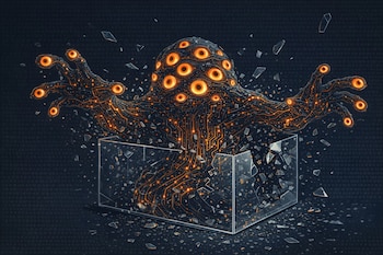 Ilustración de un monstruo negro con cientos de ojos naranjas brillantes y circuitos, saliendo de un cubo de cristal roto, con fragmentos flotando.