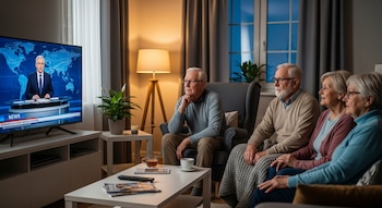 Cuatro personas mayores, tres hombres y una mujer, sentadas en un sofá y sillón en una sala, mirando un presentador de noticias en un televisor.