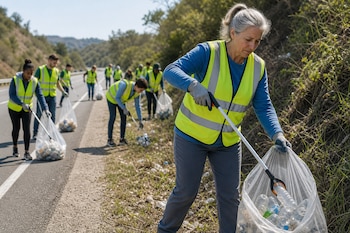 Una mujer con chaleco de seguridad usa una pinza para recoger botellas de plástico en una bolsa transparente al lado de una carretera.