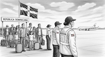 Grupo de personas con maletas, dos agentes de migración, un cartel con República Dominicana, una bandera dominicana y un avión en la pista bajo cielo nublado.