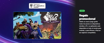 Logo de Epic Games Store, portada del videojuego Foretales con personajes animales y una ciudad en llamas, texto "Regalo promocional"