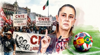 Pintura acuarela de Claudia Sheinbaum en primer plano, con micrófono. Al fondo, manifestantes de CNTE con pancartas, la bandera de México, y un balón de fútbol con banderas.