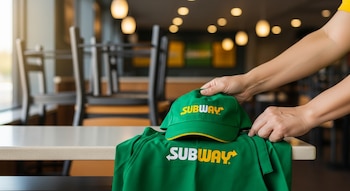 Primer plano de manos adultas recogiendo un uniforme verde de Subway (delantal y gorra con logo amarillo) de un mostrador en un restaurante con sillas apiladas.