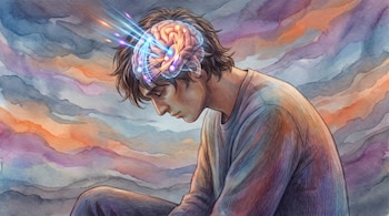 Ilustración de una persona con cabello castaño y camisa, vista de perfil, que tiene un cerebro transparente con luces de colores. El fondo es abstracto y tiene tonos de acuarela.