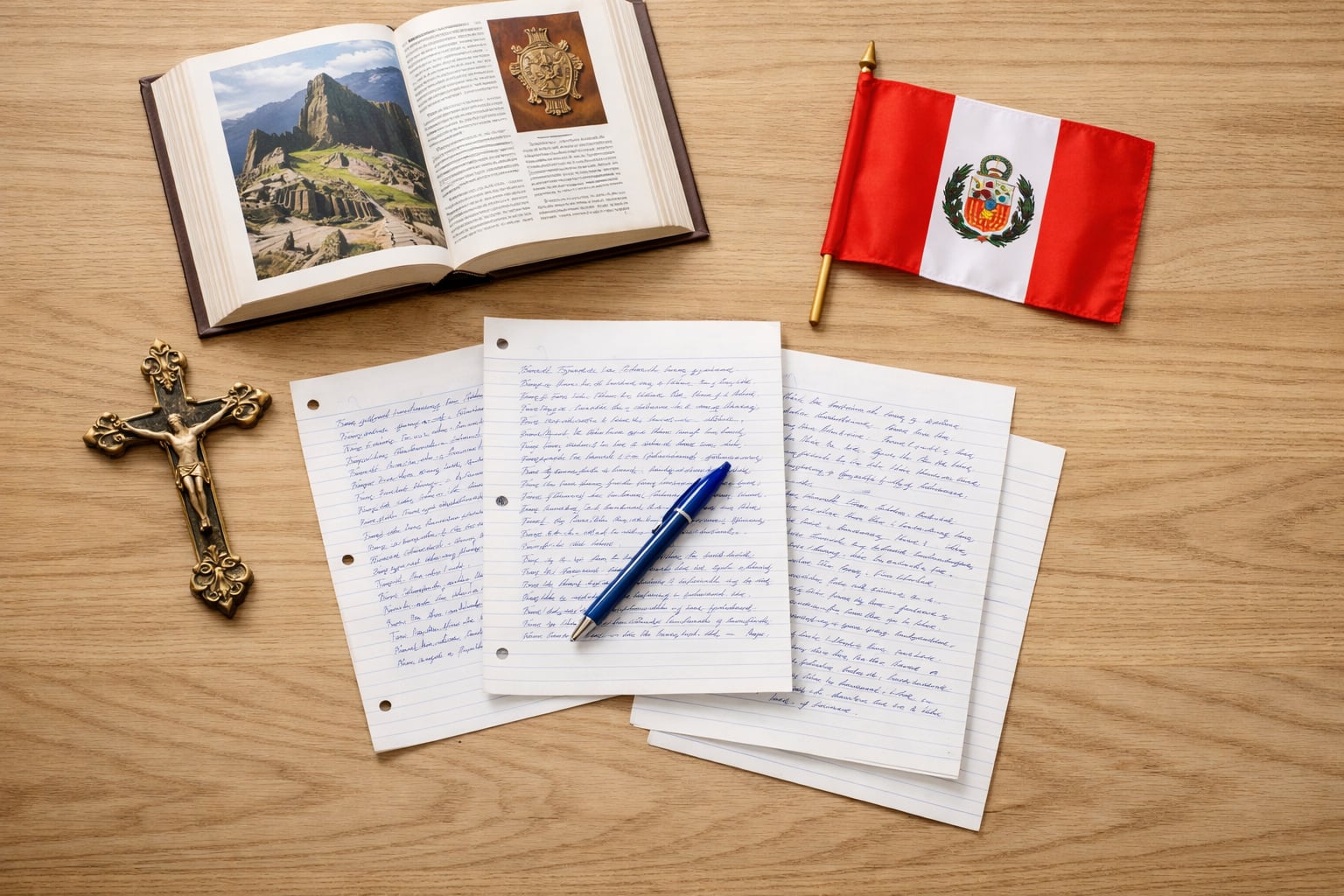 Un examen de ciudadanía peruana se presenta sobre una mesa junto a una cruz, un libro de historia y la bandera del país. (Imagen Ilustrativa Infobae)