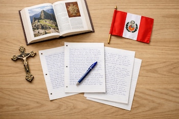 Mesa de madera con hojas de examen escritas a mano, lapicera azul, un libro abierto, una pequeña bandera de Perú y una cruz católica de metal.