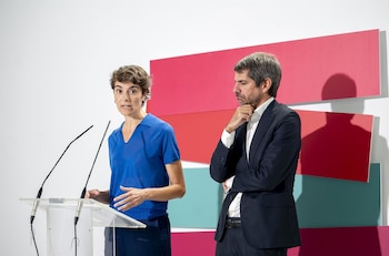 31/08/2026 La cocoordinadora general de Movimiento Sumar, Rosa Martínez, y el ministro de Cultura y portavoz de Sumar, Ernest Urtasun, intervienen durante una comparecencia ante los medios de comunicación, a 31 de agosto de 2026, en Madrid (España).
POLITICA
Alberto Ortega - Europa Press