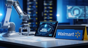 Primer plano de un brazo robótico plateado manipulando papeles en un escritorio, con una tablet que muestra gráficos de IA y un cartel de Walmart.