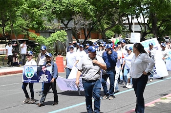 Grupo de personas camina en una calle con árboles, autos y conos naranjas. Llevan gorras azules y pancartas, una dice 'USAC YO SI TENGO RECTOR'
