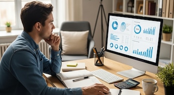 Un hombre de perfil, vestido con camisa de mezclilla, mira una pantalla de computadora con gráficos financieros. Sobre el escritorio hay un cuaderno, calculadora y café.