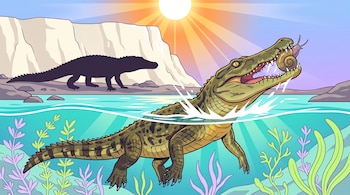 Ilustración de un cocodrilo sumergido que sostiene un caracol entre sus dientes frente a acantilados y bajo la luz del sol.