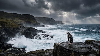 Un pingüino de pie sobre rocas oscuras frente al mar embravecido con olas blancas y acantilados al fondo bajo un cielo nublado.