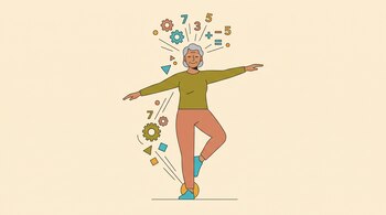 Ilustración de un adulto mayor apoyado en un pie con los brazos abiertos, junto a números, engranajes y figuras geométricas.