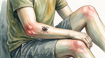 Ilustración en acuarela de una persona sentada con una garrapata en el antebrazo y manchas rojizas en el codo y la rodilla.