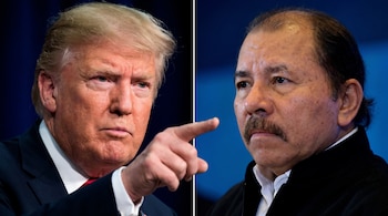 Imagen compuesta que muestra al expresidente Donald Trump señalando con el dedo, junto a un retrato del presidente Daniel Ortega mirando al frente.