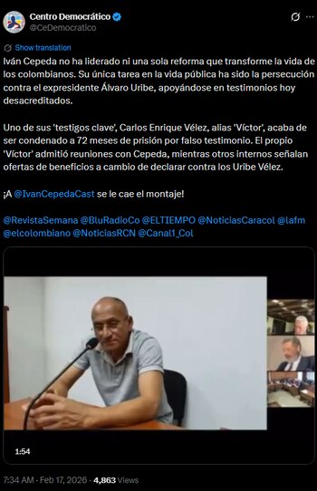 El Centro Democrático reiteró dudas sobre la legitimidad de los procesos en los que ha participado Iván Cepeda - crédito @CeDemocratico