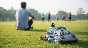Persona de espaldas sentada en césped verde, mochila gris con botella de agua azul y auriculares blancos, personas difusas en un parque al amanecer.