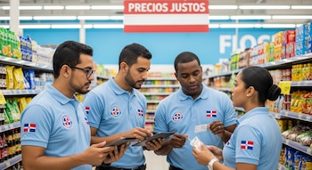 Cuatro personas con polos azul claro, con banderas de República Dominicana, en un supermercado. Un cartel rojo dice "PRECIOS JUSTOS".