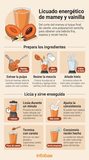 Infografía explicativa con seis ilustraciones sobre cómo preparar un licuado de mamey, con texto de instrucciones y logotipo de Infobae.