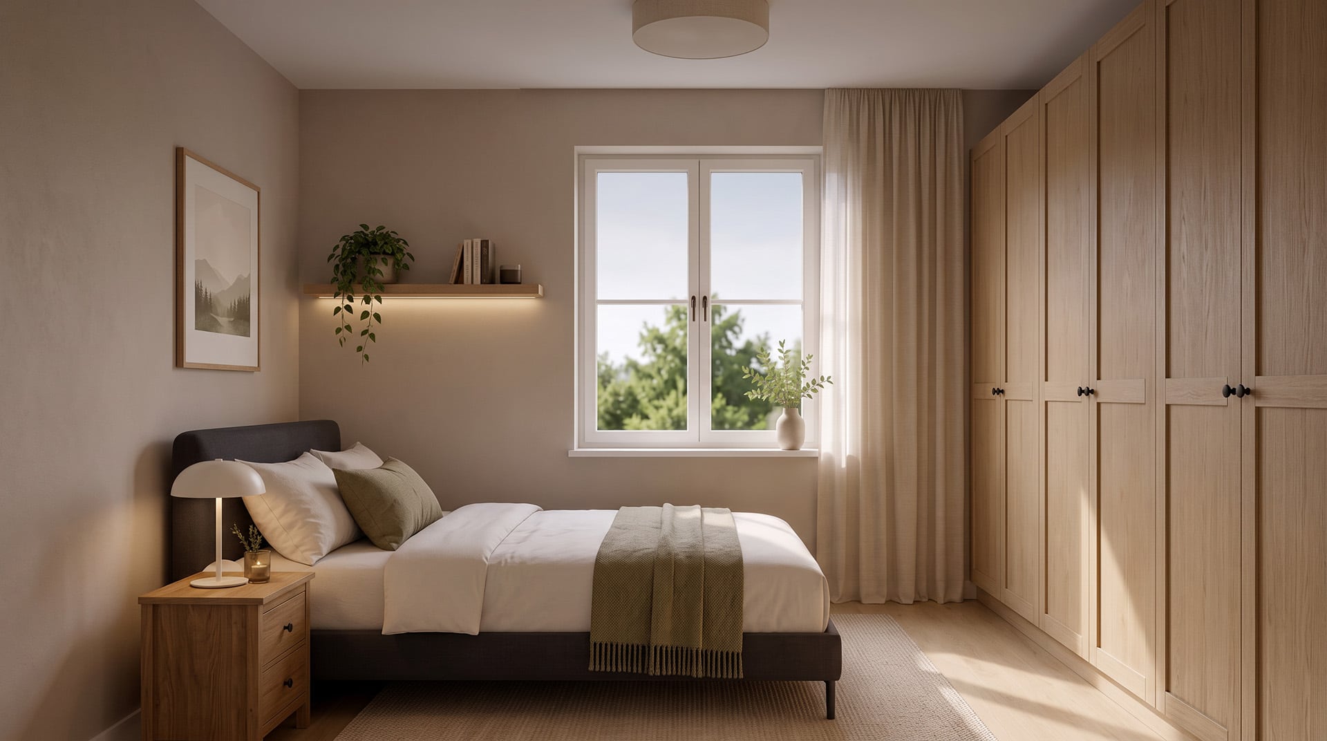 El render funciona como un moodboard interactivo: muestra el estilo, la paleta y la escala de los muebles, y la lista de productos convierte esa inspiración en opciones reales de compra