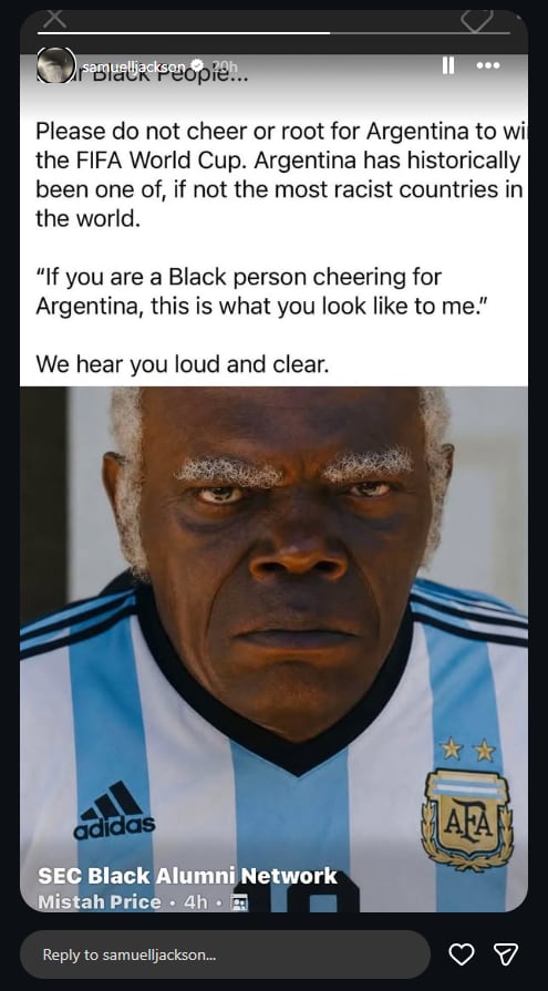 La publicación sobre Argentina y el racismo surgió de la SEC Black Alumni Network y usó al personaje Stephen de Django Unchained con la camiseta de la selección argentina