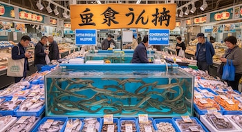 Un mercado de pescado japonés lleno de clientes observando un gran acuario con anguilas vivas, rodeado de bandejas de pescado y marisco fresco en hielo.