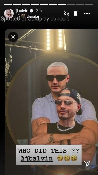Un meme de Dj Snake y J Balvin en la misma pose que la pareja captada en el concierto de Coldplay fue compartida por el reguetonero - crédito @jbalvin/Instagram