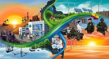 Ilustración vibrante que muestra la transición energética de combustibles fósiles a renovables, un centro de salud activo, y miembros de la Fuerza Pública de Colombia.