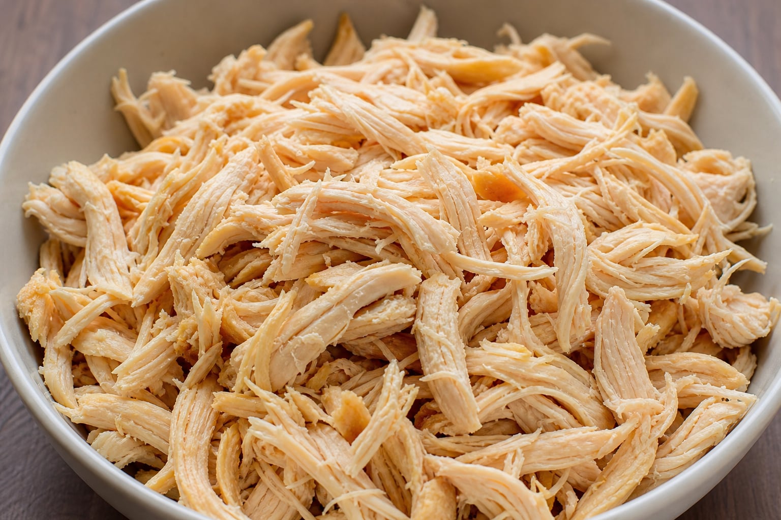 Un recipiente de cerámica contiene pechuga de pollo cocida y deshebrada para la preparación de alimentos. (Imagen Ilustrativa Infobae)