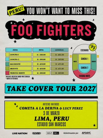 Cartel de concierto de Foo Fighters con tabla de precios de entradas por zonas, mapa de localidades, fecha 3 de marzo, Lima, Perú, y artistas invitados