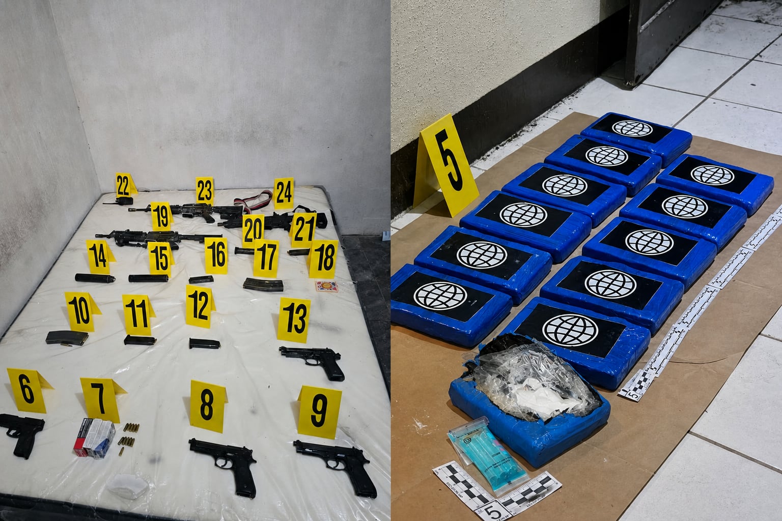 Varias armas de fuego, cargadores y paquetes de sustancias ilícitas marcados con números amarillos de evidencia permanecen expuestos sobre el suelo. (Imagen Ilustrativa Infobae)