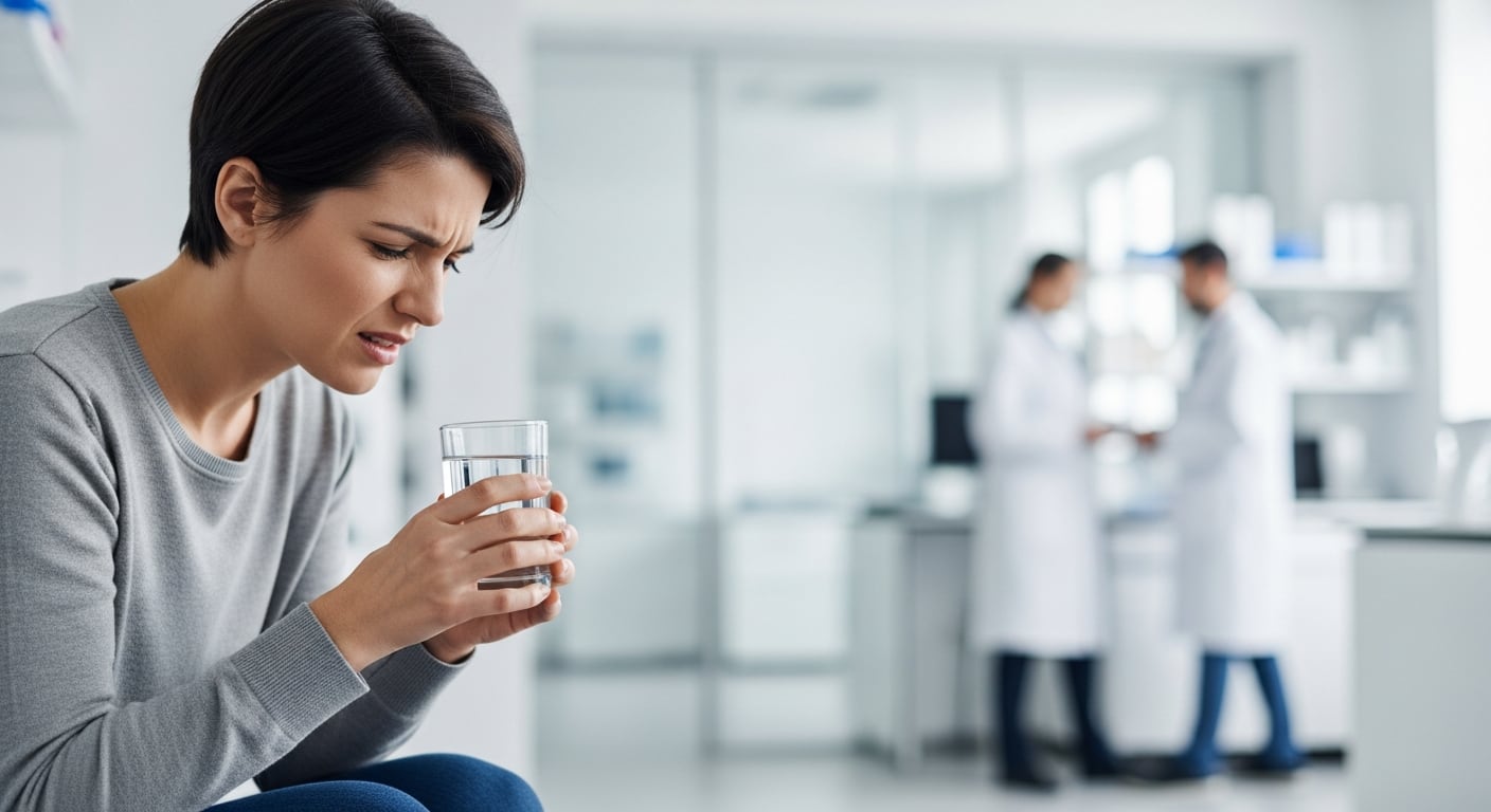 Una mujer con signos de malestar gastrointestinal sostiene un vaso de agua mientras el personal médico trabaja en un laboratorio moderno de fondo, reflejando un ambiente de salud pública. (Imagen Ilustrativa Infobae)