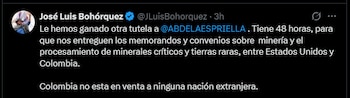 Bohórquez afirmó que busca conocer y hacer públicos los términos de los acuerdos bilaterales relacionados con la exploración, explotación y procesamiento de minerales estratégicos en el territorio colombiano - crédito @JLuisBohorquez/X